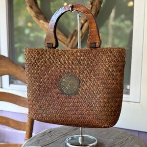 Vintage Rustic Brown Tote with Carved Handles